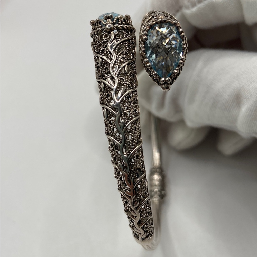 Ottoman Couture Sterling Silver 925 Filigree Bypass Cuff Bracelet Blue Topaz M - Picture 10 of 10